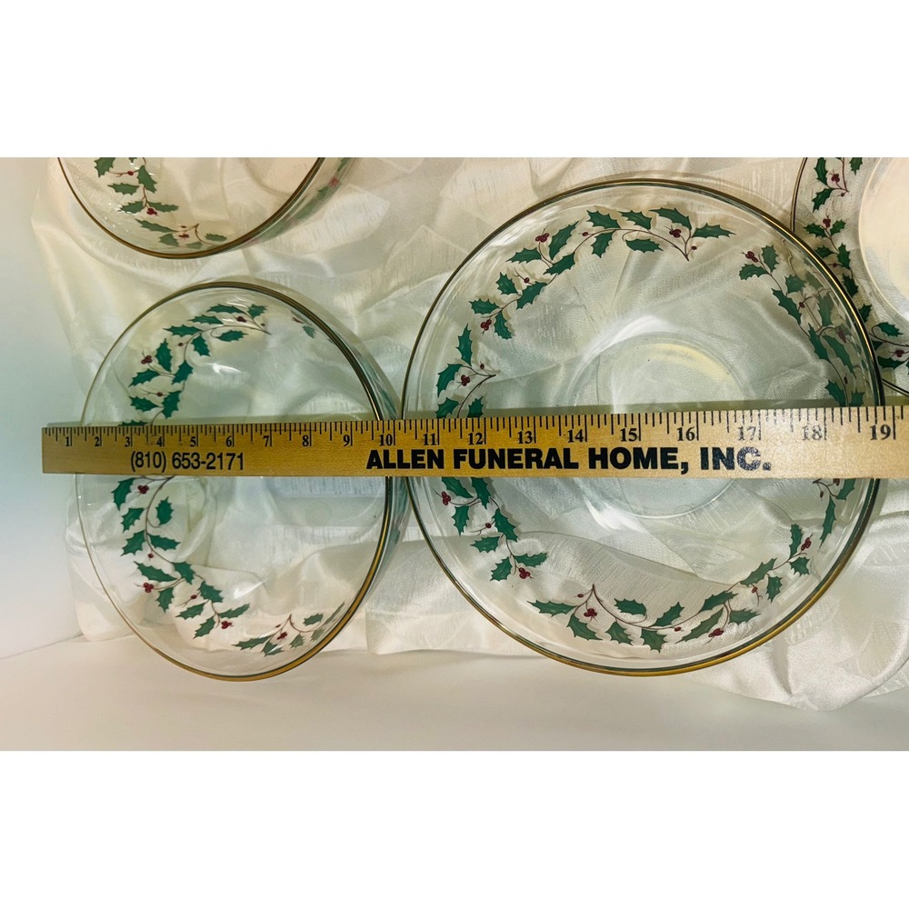 Lenox Set ARC France Christmas Holly Berry Glass Serving Bowl 22KT Gold Trim 9" - Picture 3 of 9